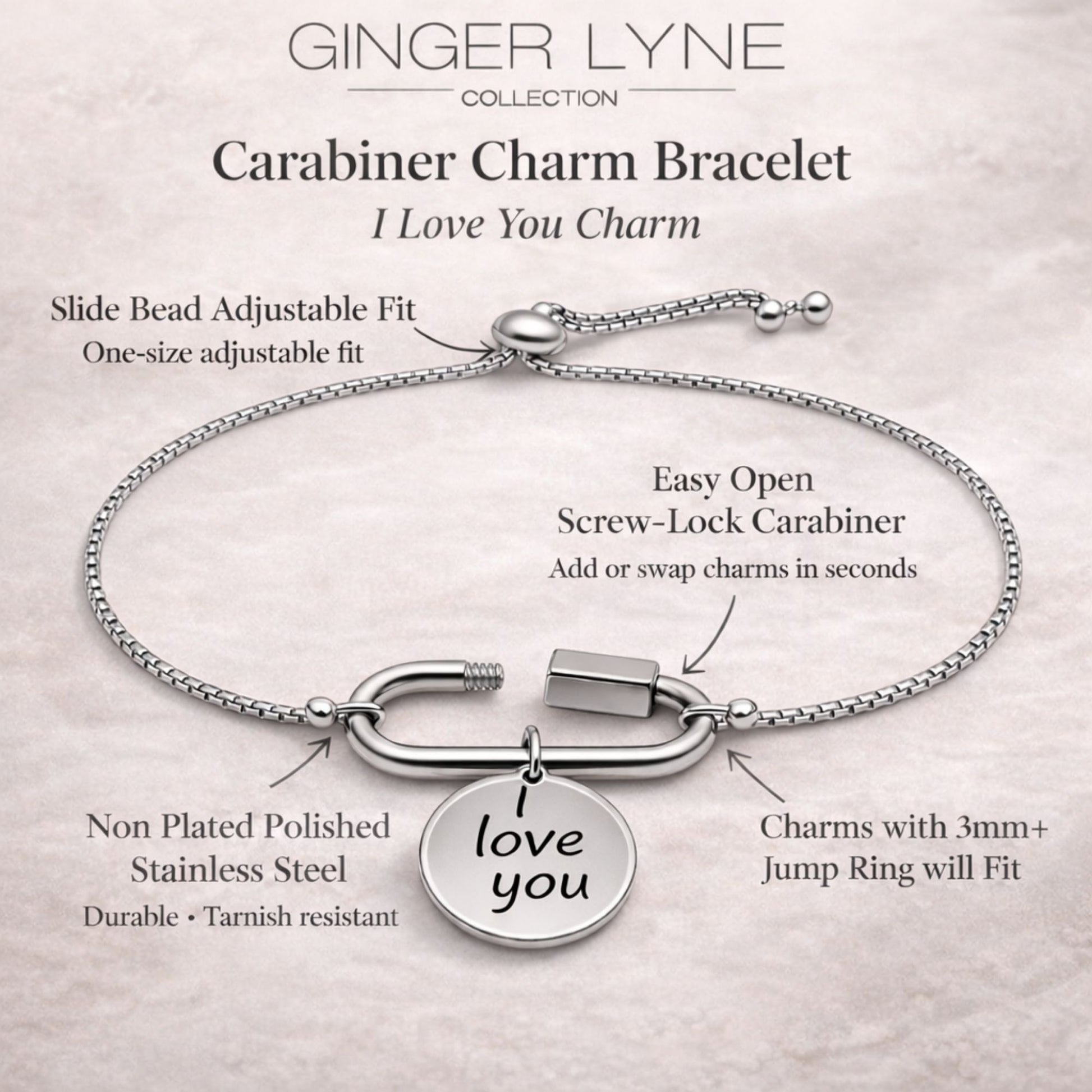 Carabiner Charm Bracelet with I Love You Charm by Ginger Lyne Adjustable Stainless Steel Chain - Silver Tone