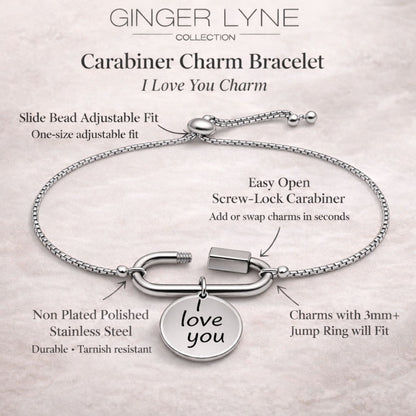 Carabiner Charm Bracelet with I Love You Charm by Ginger Lyne Adjustable Stainless Steel Chain - Silver Tone