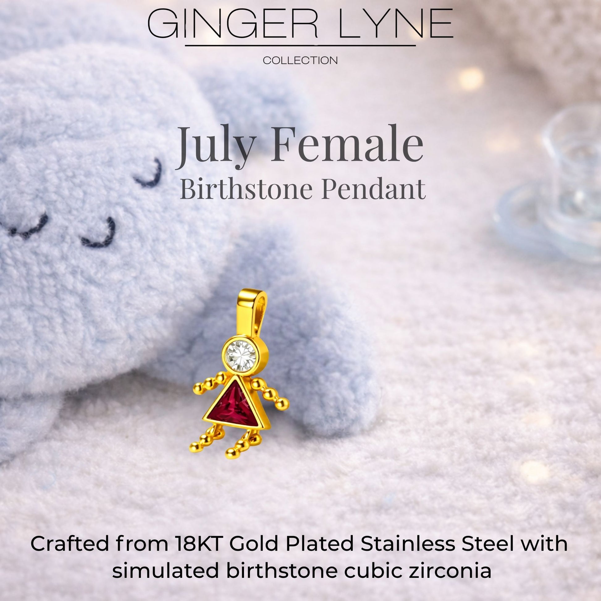 Birthstone Family Pendant for Mom by Ginger Lyne Stainless Steel Cubic Zirconia Charms For Grandma Necklace_Female-July-Gold-3