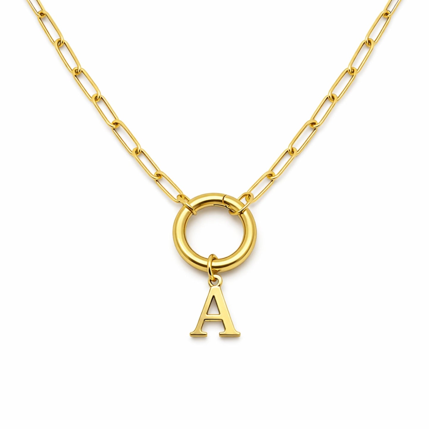 PaperclipLinkCircleCarabinerIntialLetterCharmHolderNecklaceforWomenStainlessSteel20"GingerLyne_Gold-A-1