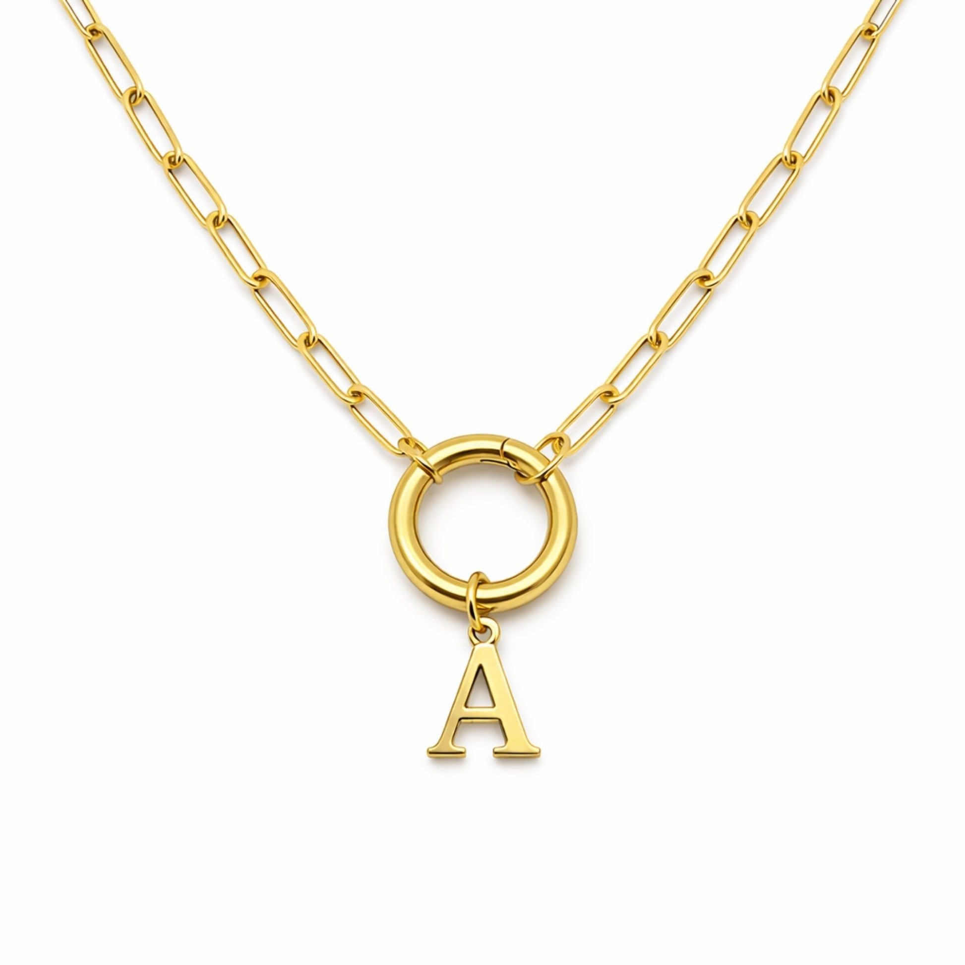 PaperclipLinkCircleCarabinerIntialLetterCharmHolderNecklaceforWomenStainlessSteel20"GingerLyne_Gold-A-1