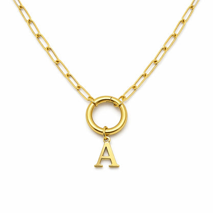 PaperclipLinkCircleCarabinerIntialLetterCharmHolderNecklaceforWomenStainlessSteel20"GingerLyne_Gold-A-1