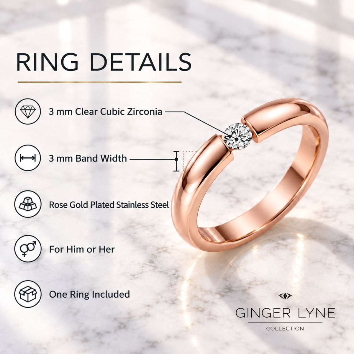 RoseGoldToneWeddingBandRingforWomenorMen3mmStainlessSteelCZGingerLyneSize10_RoseGold-4