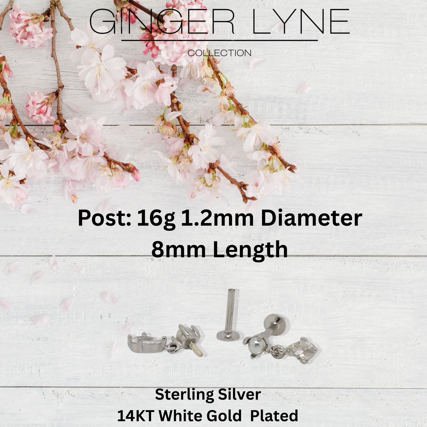 Pearl Dangle Flat Back Earrings for Women Sterling Silver 16g Cartilage Helix Lobe Body Piercing Stud Ginger Lyne