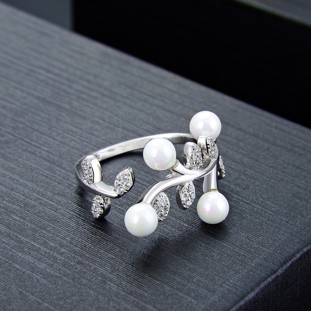 Leaf Simulated Pearl Adjustable Wrap Ring for Women 925 Sterling Silver Ginger Lyne Collection