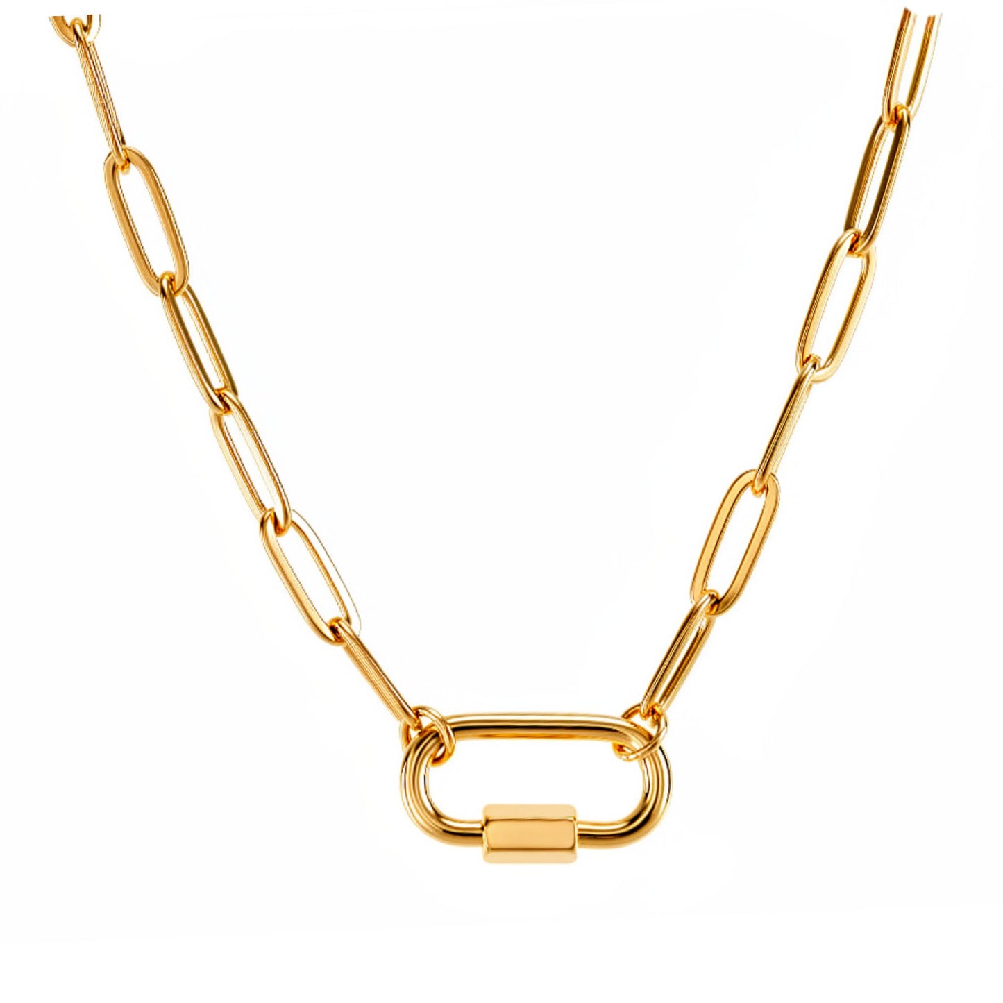 CarabinerCharmHolderNecklaceforWomenbyGingerLynePaperclipChain18KTGoldPlatedStainlessSteel18-20"_Gold-PaperclipChain/RectSqCH-1