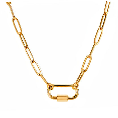 CarabinerCharmHolderNecklaceforWomenbyGingerLynePaperclipChain18KTGoldPlatedStainlessSteel18-20"_Gold-PaperclipChain/RectSqCH-1
