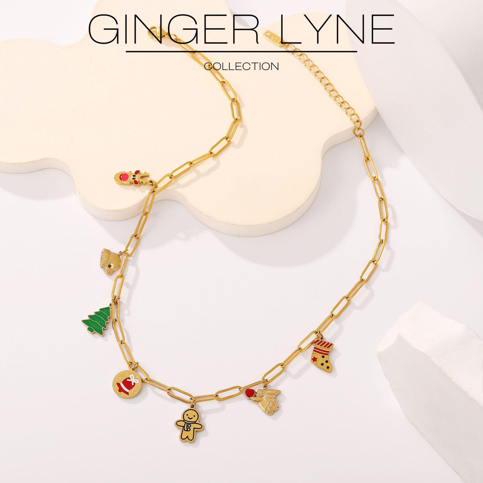 ChristmasCharmPaperclipChainNecklaceforWomen14ktGoldoverStainlessSteelAdjustableto18"byGingerLyneCollection_Necklace-Gold-4