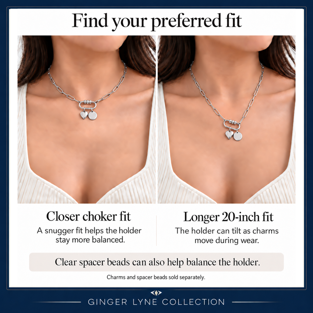 Silver Tone 3 Bead Screw Rectangle Carabiner Charm Holder Necklace Paperclip Chain 18-20 Inch Stainless Steel by Ginger Lyne - Silver-PaperclipChain/Rect 3 Bead CH