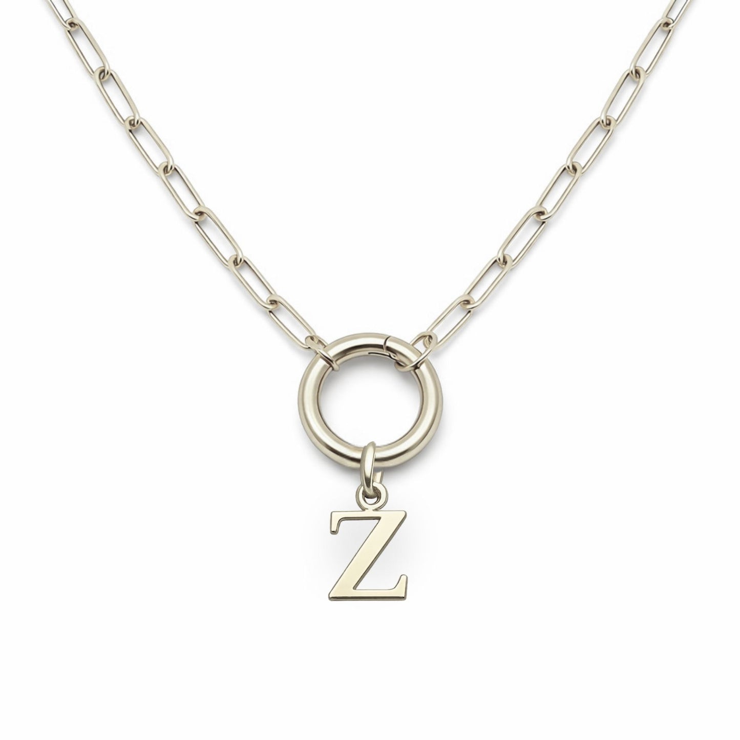 PaperclipLinkCircleCarabinerIntialLetterCharmHolderNecklaceforWomenStainlessSteel20"GingerLyne_Silver-Z-1