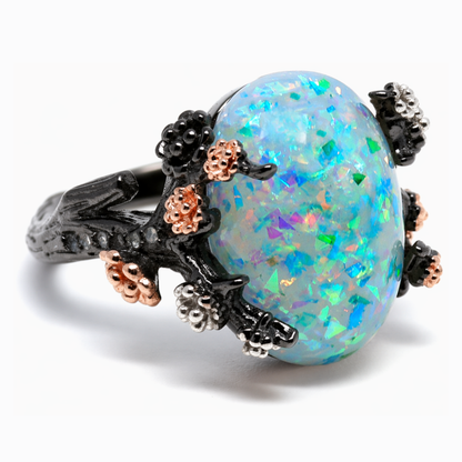 HenriettaBlackTreeBranchGothicInspiredFireOpalEngagementRingforWomenbyGingerLyne_Green-1