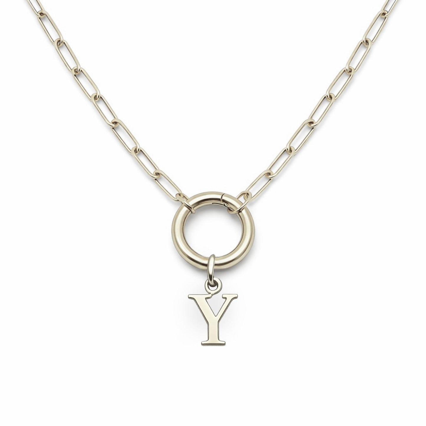 PaperclipLinkCircleCarabinerIntialLetterCharmHolderNecklaceforWomenStainlessSteel20"GingerLyne_Silver-Y-1