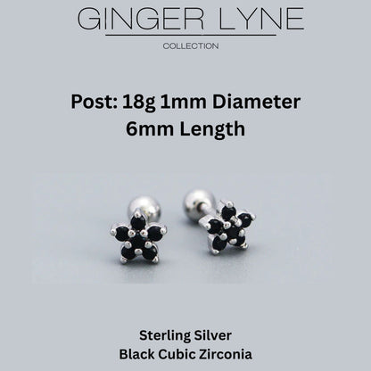 BlackFlowerEarringsforWomenSterlingSilver18G6mmCartilageHelixUpperLobeBodyPiercingGingerLyne_Black-3