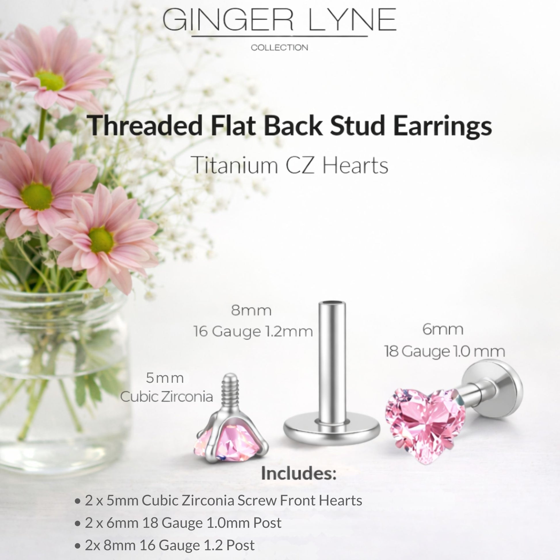 Small Heart CZ Solitaire Flat Back Stud Earrings Body Piercings by Ginger Lyne 2 Sets Post 6mm 8mm Included - 5mm-Pink