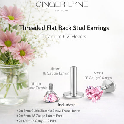 Small Heart CZ Solitaire Flat Back Stud Earrings Body Piercings by Ginger Lyne 2 Sets Post 6mm 8mm Included - 5mm-Pink