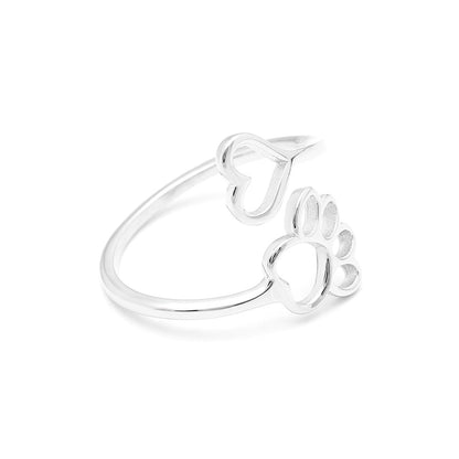 Dog Paw Print Heart Adjustable Ring Rose Gold Plated Sterling Silver Womens Ginger Lyne Collection - Rose