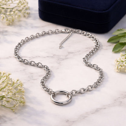 Carabiner Charm Necklace for Women O Link Chain Round Holder Stainless Steel by Ginger Lyne - 20mm/Silver
