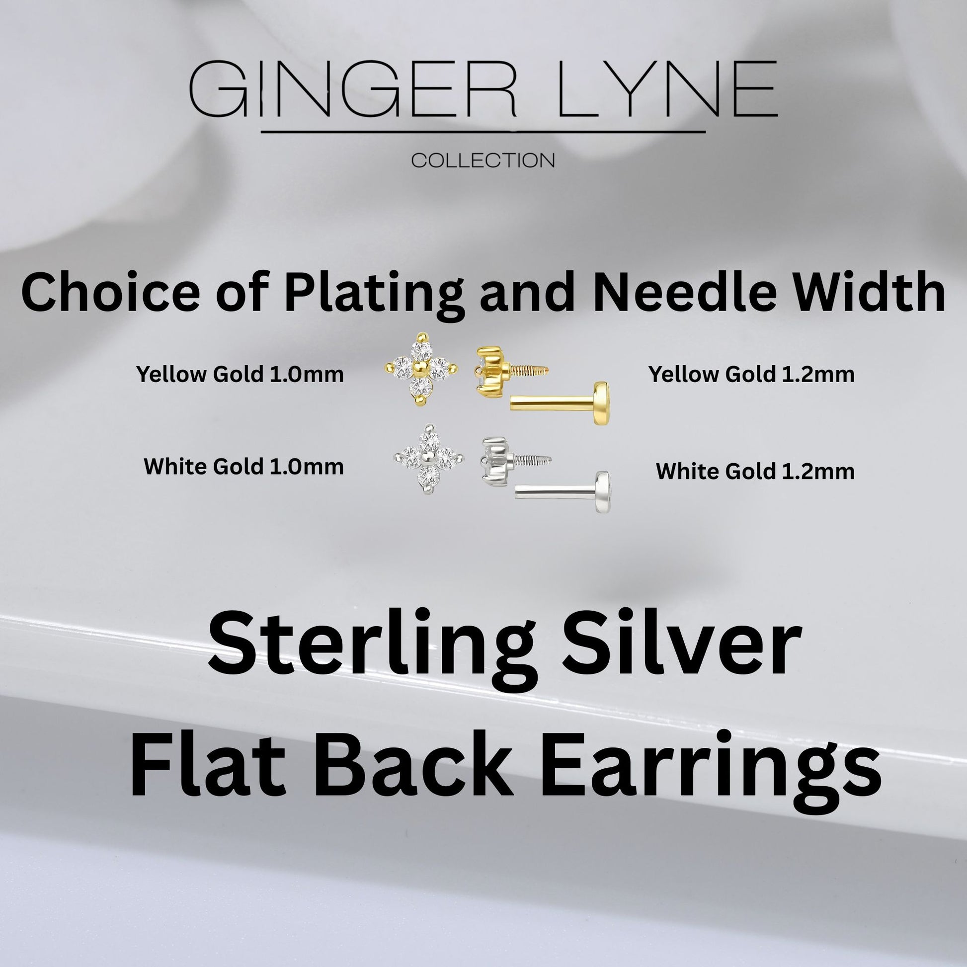 Cubic Zirconia Flat Back Stud Earrings by Ginger Lyne Gold Plated Sterling Silver Body Jewelry - 1mm-Silver