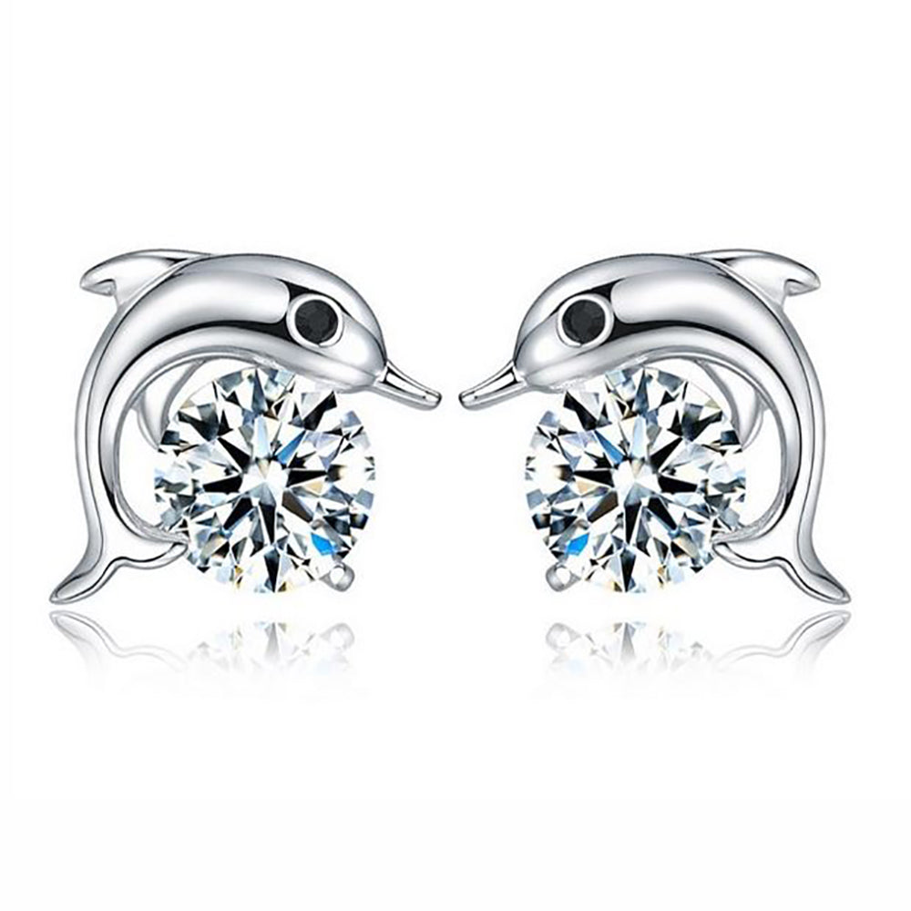 Dolphin Small Cubic Zirconia Stud Earrings for Women Ginger Lyne Collection - White Gold Plated