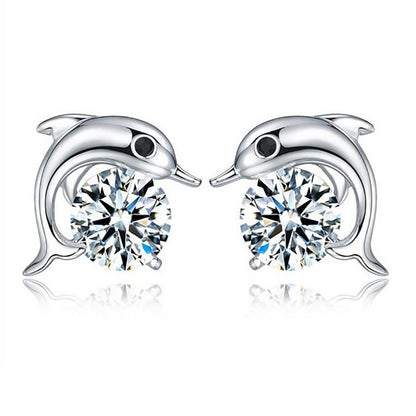 Dolphin Small Cubic Zirconia Stud Earrings for Women Ginger Lyne Collection - White Gold Plated