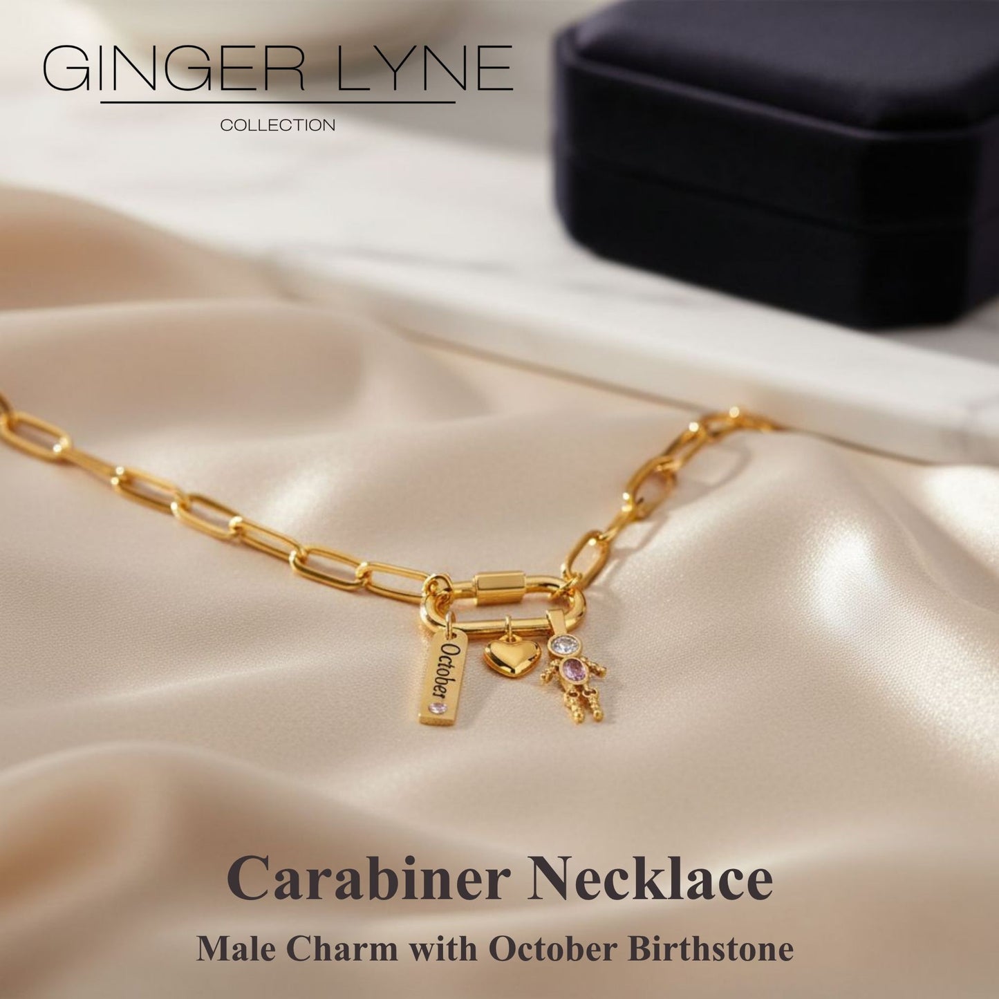 Carabiner Family Birthstone Necklace for Mom or Grandma by Ginger Lyne Stainless Steel CZ Birthday Charms_Male-October-Gold-2