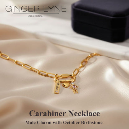 Carabiner Family Birthstone Necklace for Mom or Grandma by Ginger Lyne Stainless Steel CZ Birthday Charms_Male-October-Gold-2