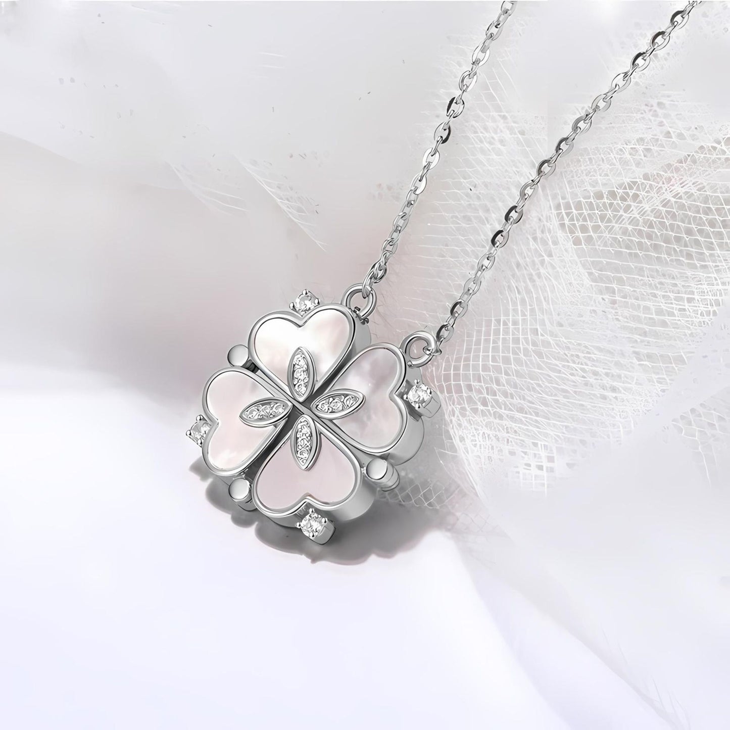4 Leaf Clover Heart Pendant Necklace for Women Magnetic Sterling Silver Ginger Lyne Collection - White Gold