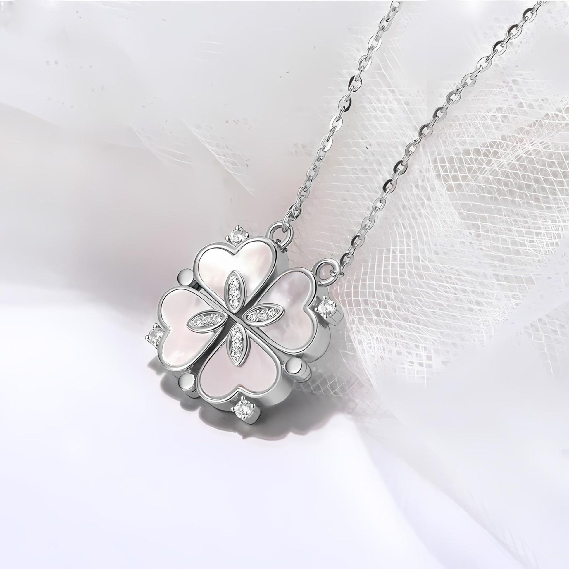 4 Leaf Clover Heart Pendant Necklace for Women Magnetic Sterling Silver Ginger Lyne Collection - White Gold