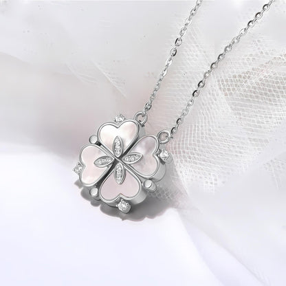 4 Leaf Clover Heart Pendant Necklace for Women Magnetic Sterling Silver Ginger Lyne Collection - White Gold