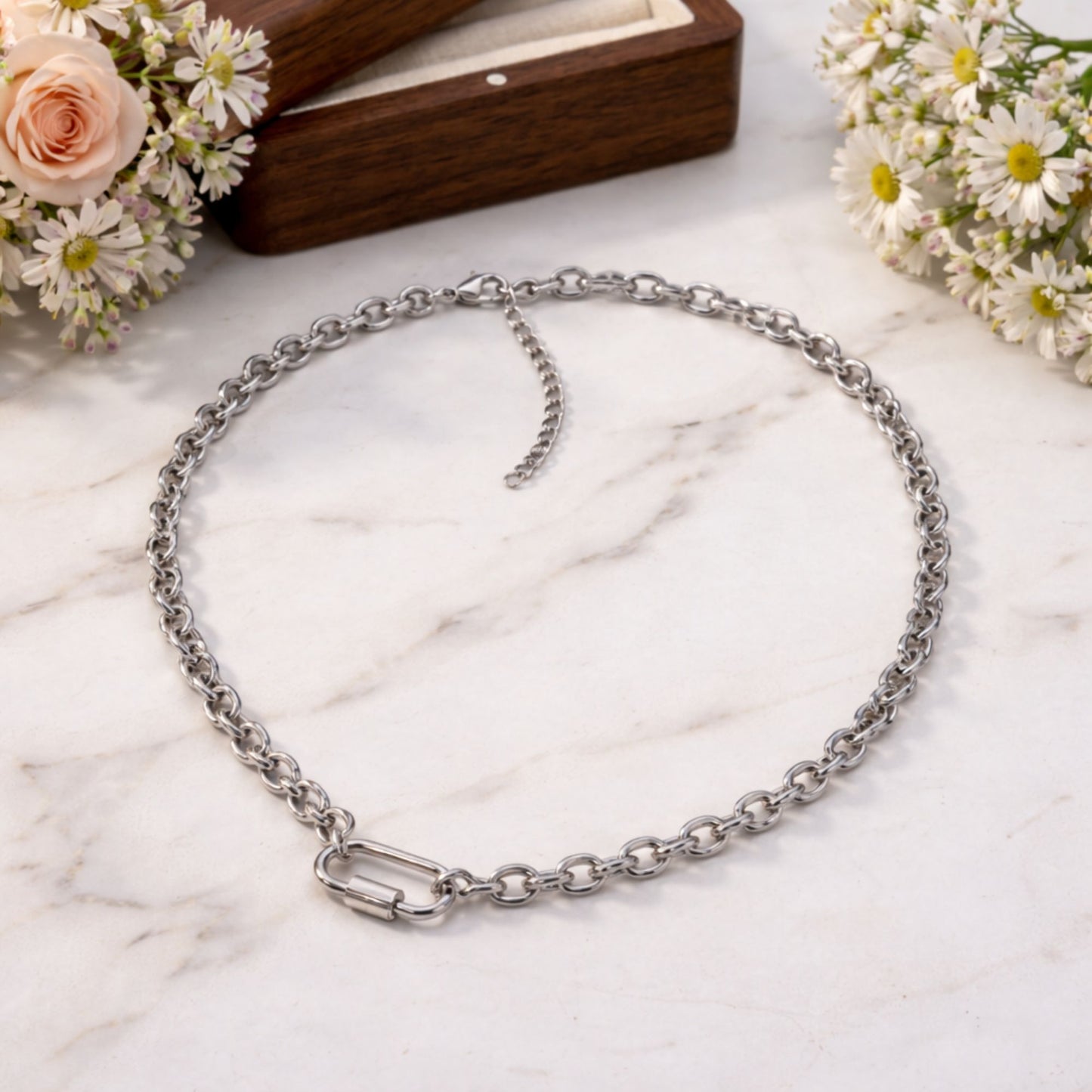 Carabiner Charm Holder Necklace for Women by Ginger Lyne O Chain Silver Stainless Steel 18-20" - Silver-OChain/Rect Sq CH