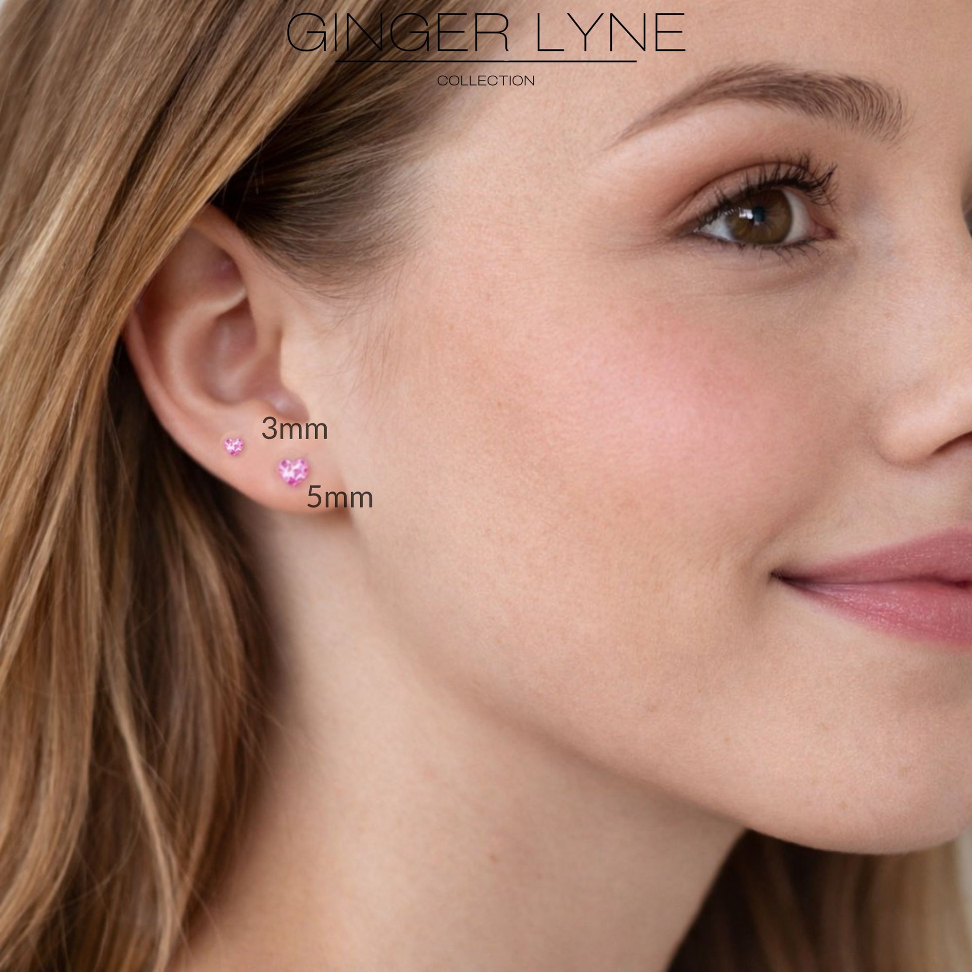 Small Heart CZ Solitaire Flat Back Stud Earrings Body Piercings by Ginger Lyne 2 Sets Post 6mm 8mm Included - 5mm-Pink