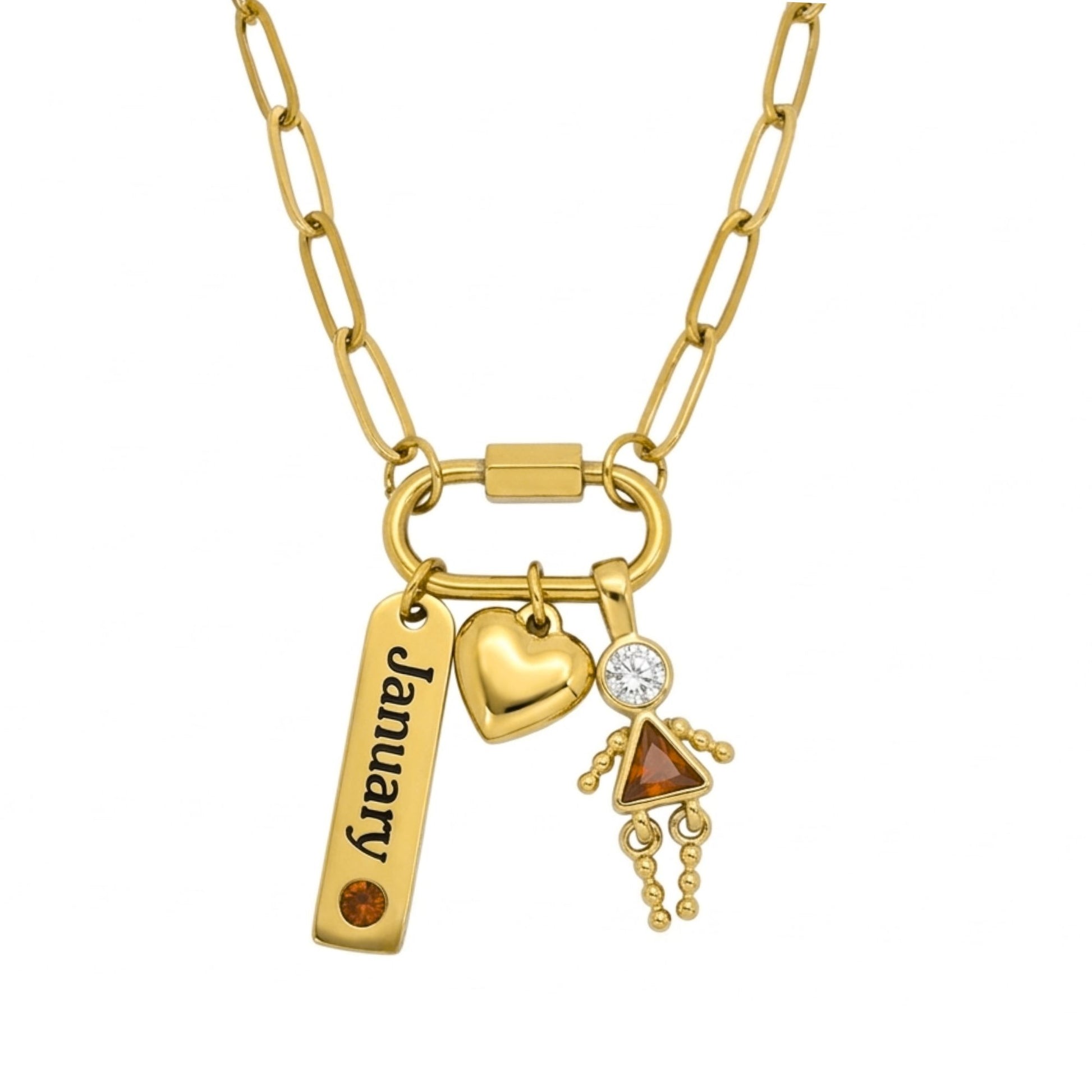 CarabinerFamilyBirthstoneNecklaceforMomorGrandmabyGingerLyneStainlessSteelCZBirthdayCharms_Female-January-Gold-1