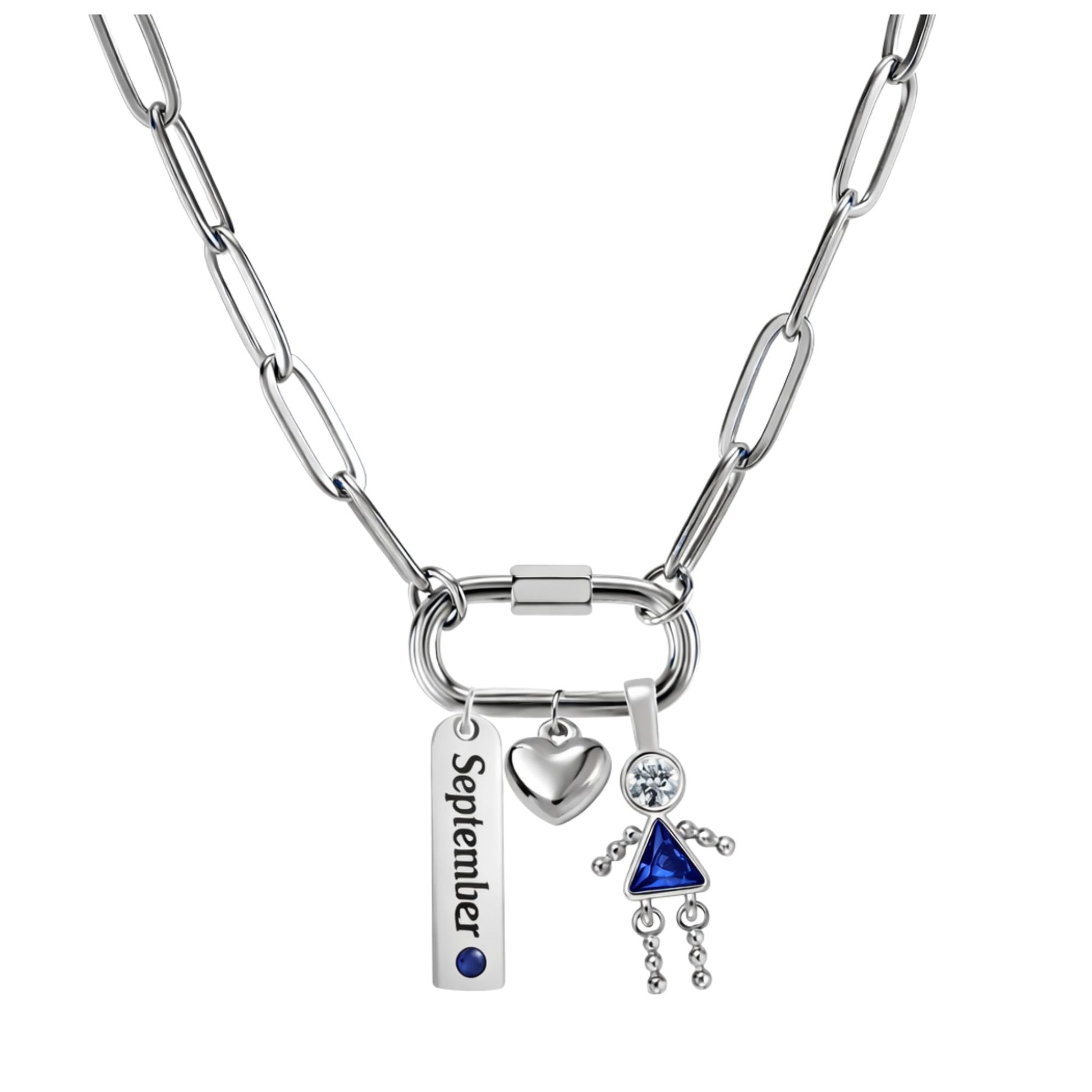 CarabinerFamilyBirthstoneNecklaceforMomorGrandmabyGingerLyneStainlessSteelCZBirthdayCharms_Female-September-Silver-1