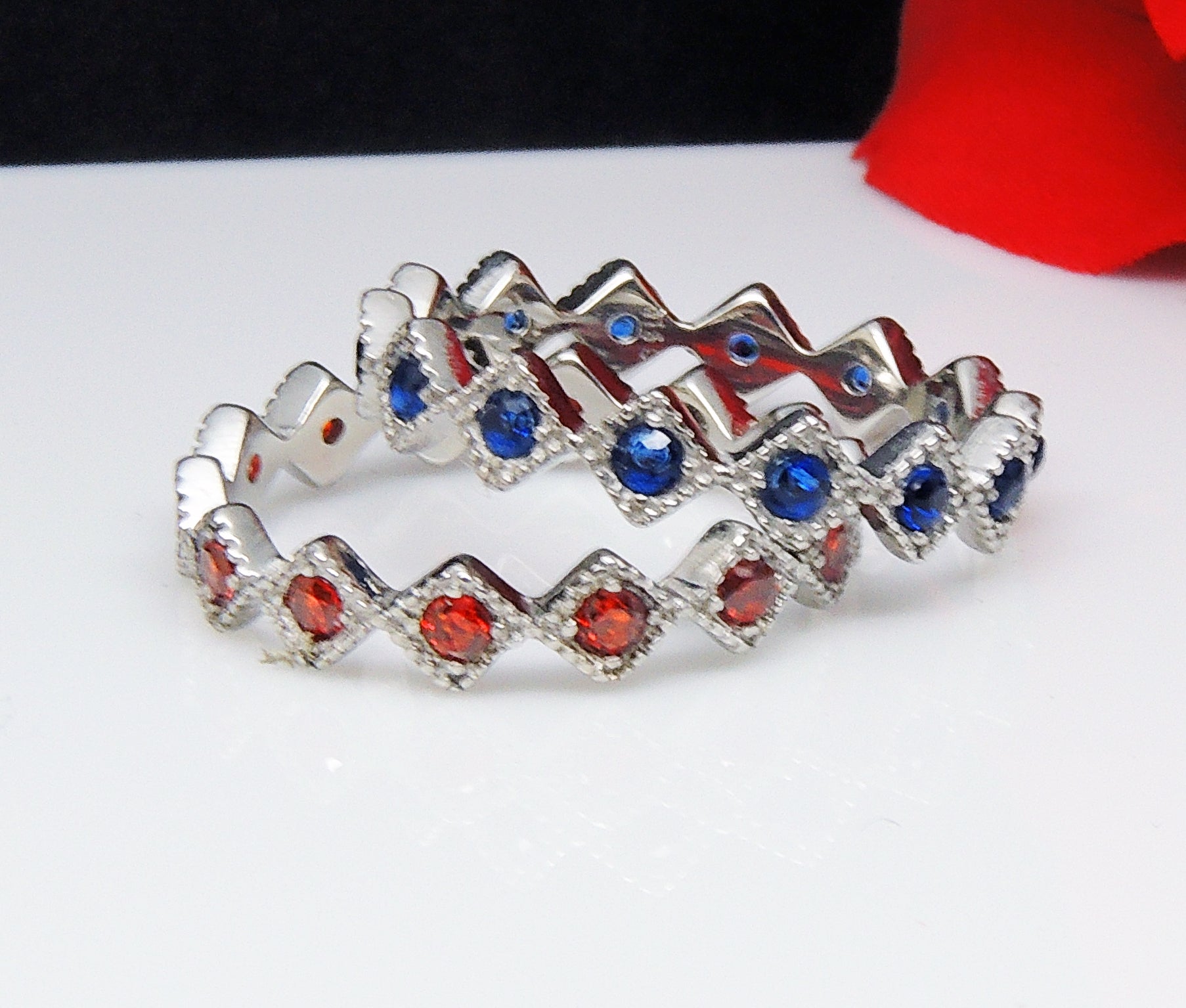 Glory Wedding Band Ring Set Red Blue Stainless Steel Women Ginger Lyne Collection - 10