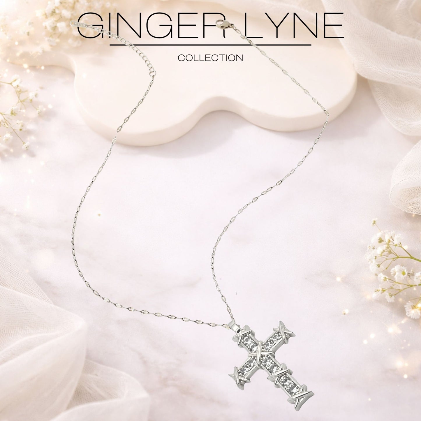 Cross Pendant Necklace for Women Religious Jewelry CZ Gold Plated Stainless Steel Ginger Lyne Collection - Silver Tone