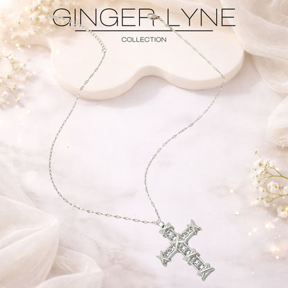 Cross Pendant Necklace for Women Religious Jewelry CZ Gold Plated Stainless Steel Ginger Lyne Collection - Silver Tone
