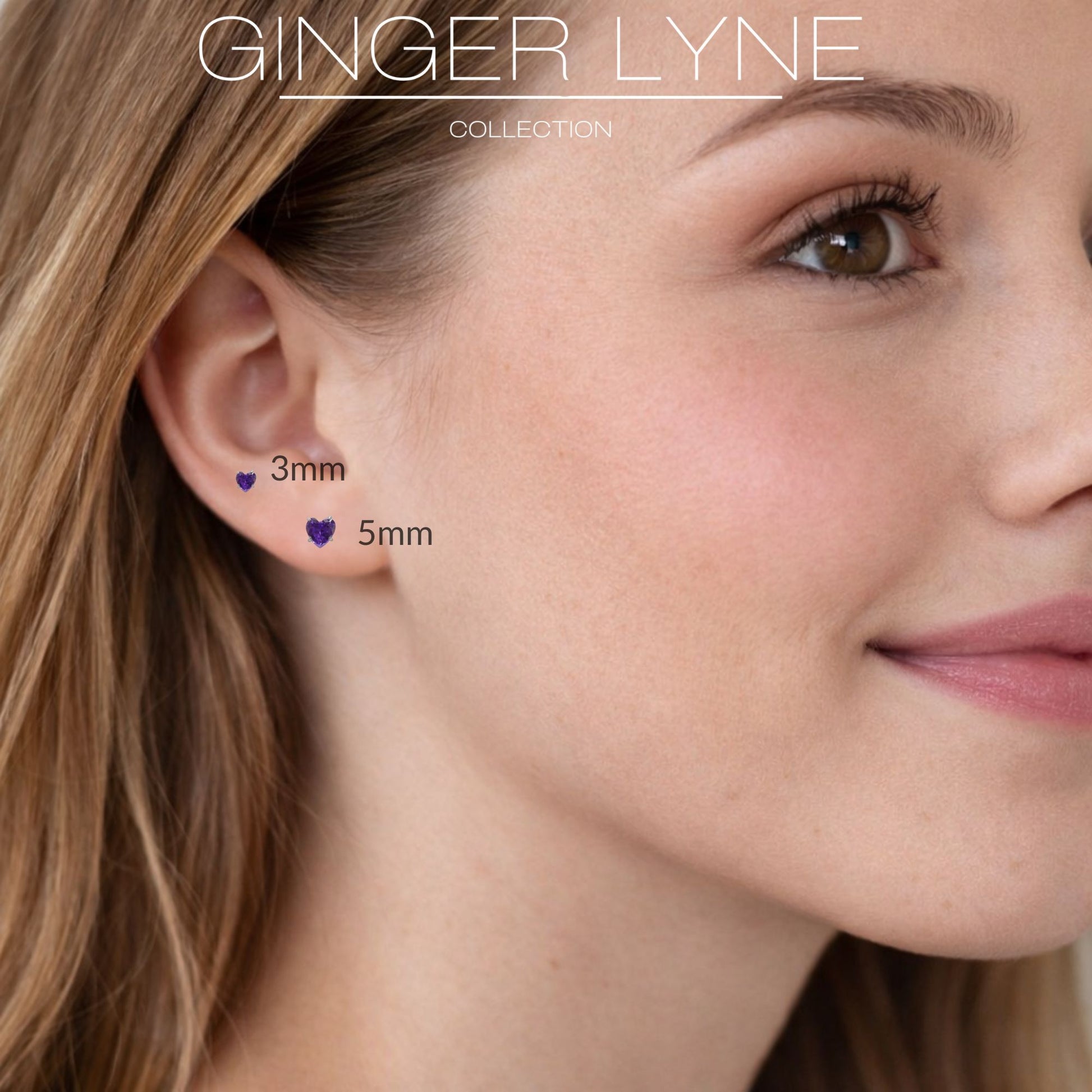 Small Heart CZ Solitaire Flat Back Stud Earrings Body Piercings by Ginger Lyne 2 Sets Post 6mm 8mm Included - 5mm-DKPurple