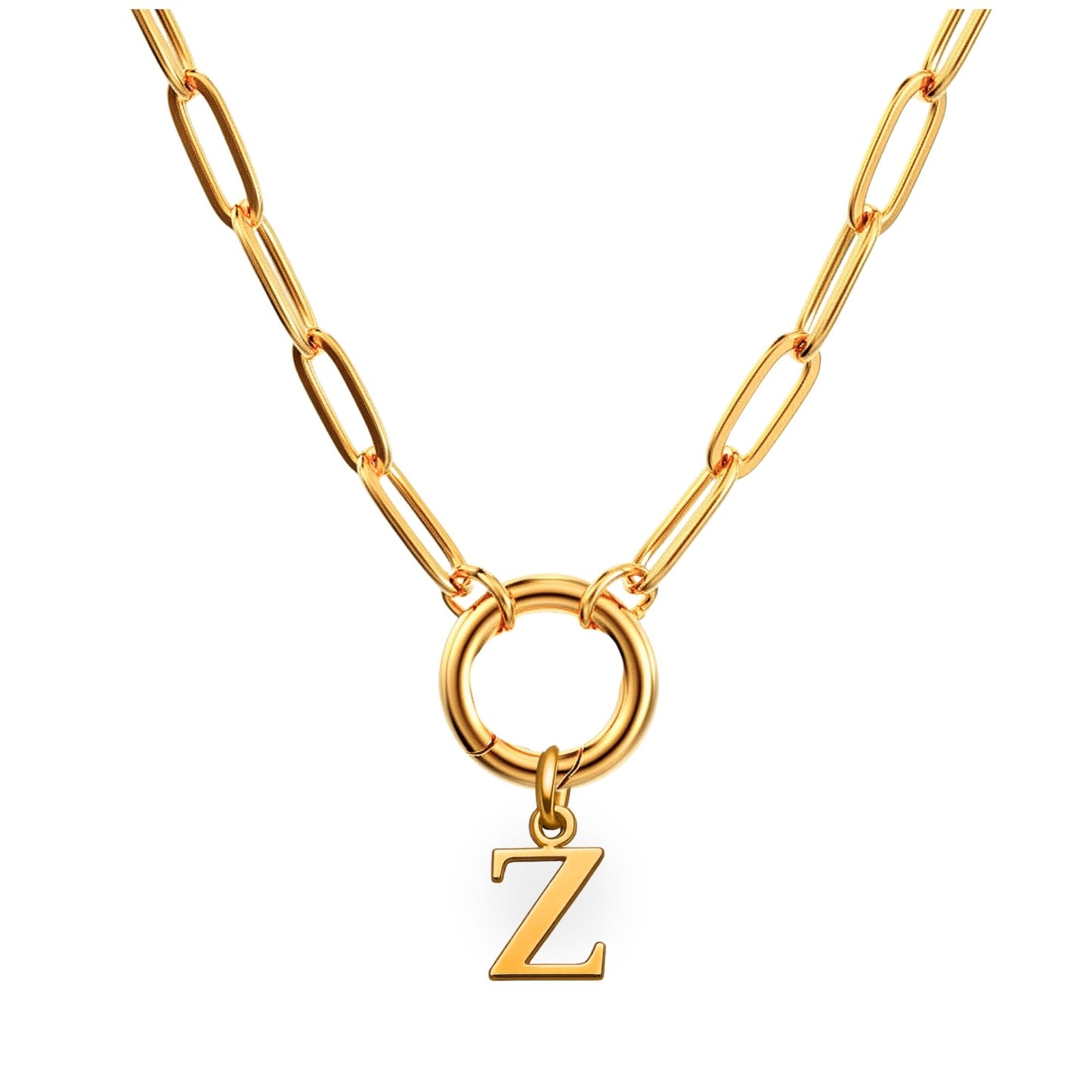 PaperclipLinkCircleCarabinerIntialLetterCharmHolderNecklaceforWomen18ktGoldPlatedStainlessSteelGingerLyne_Gold-Z-1