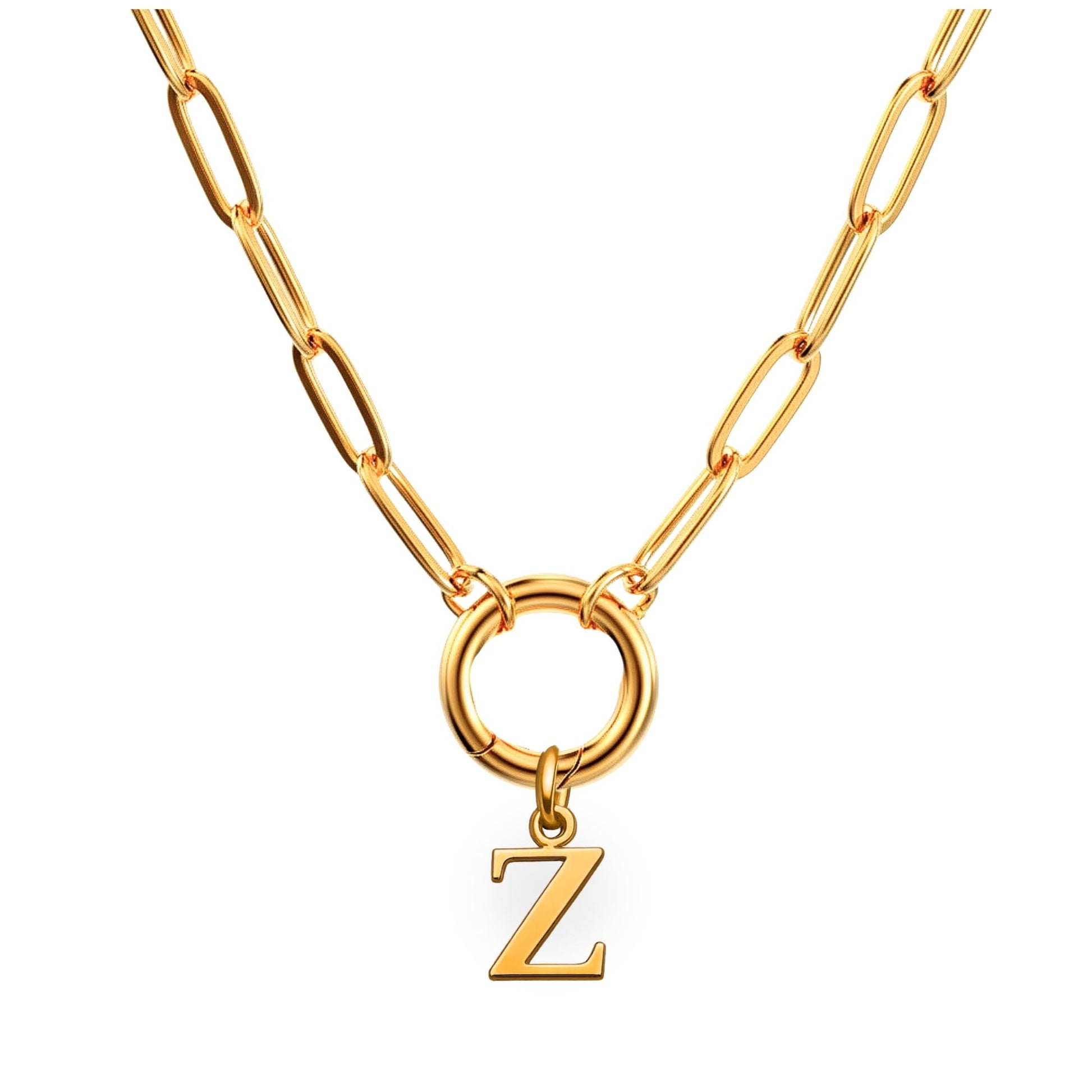 PaperclipLinkCircleCarabinerIntialLetterCharmHolderNecklaceforWomen18ktGoldPlatedStainlessSteelGingerLyne_Gold-Z-1