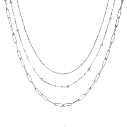 LayeredChainNecklaceforWomenbyGingerLyneGoldStainlessSteelBoxBeadandPaperclipChains_Silver-1