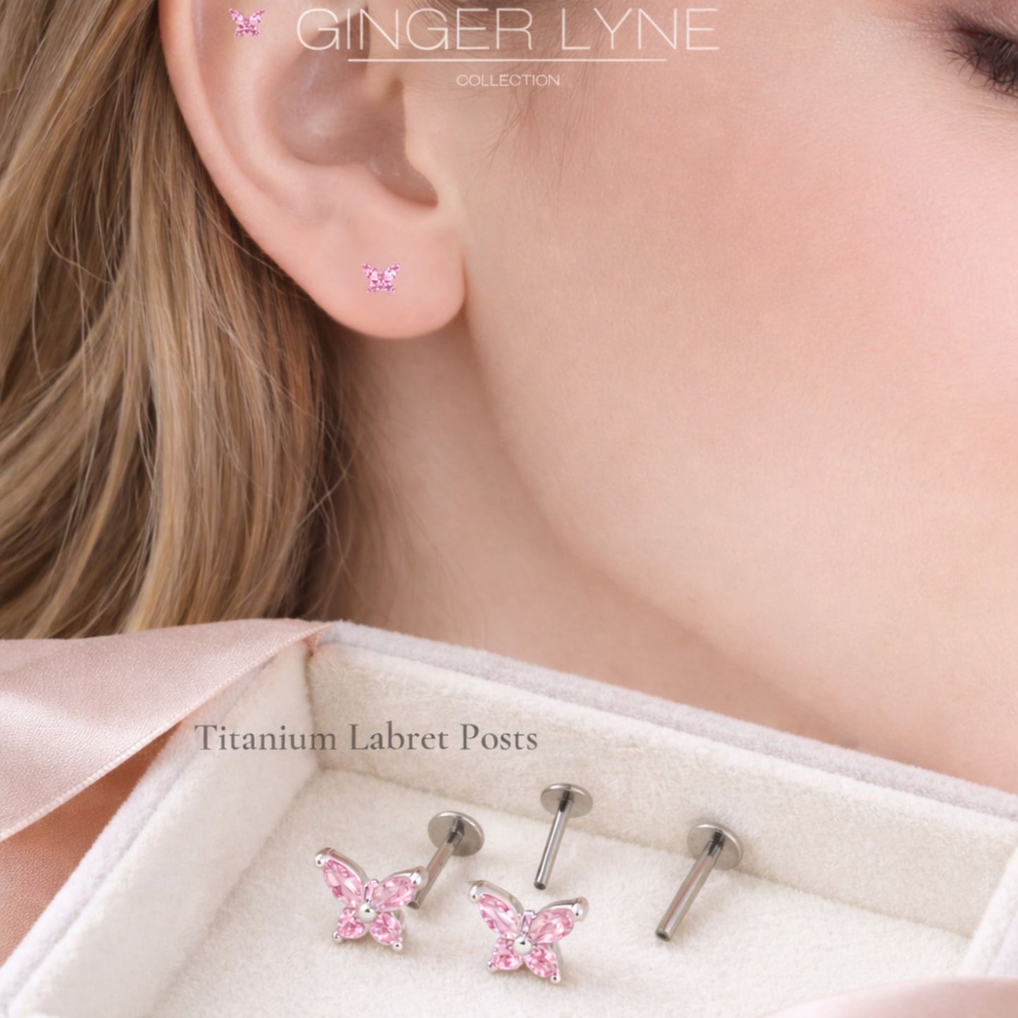 Small Butterfly CZ Solitaire Flat Back Stud Earrings Titanium Body Piercings by Ginger Lyne 2 Sets Post 6mm 8mm - Pink