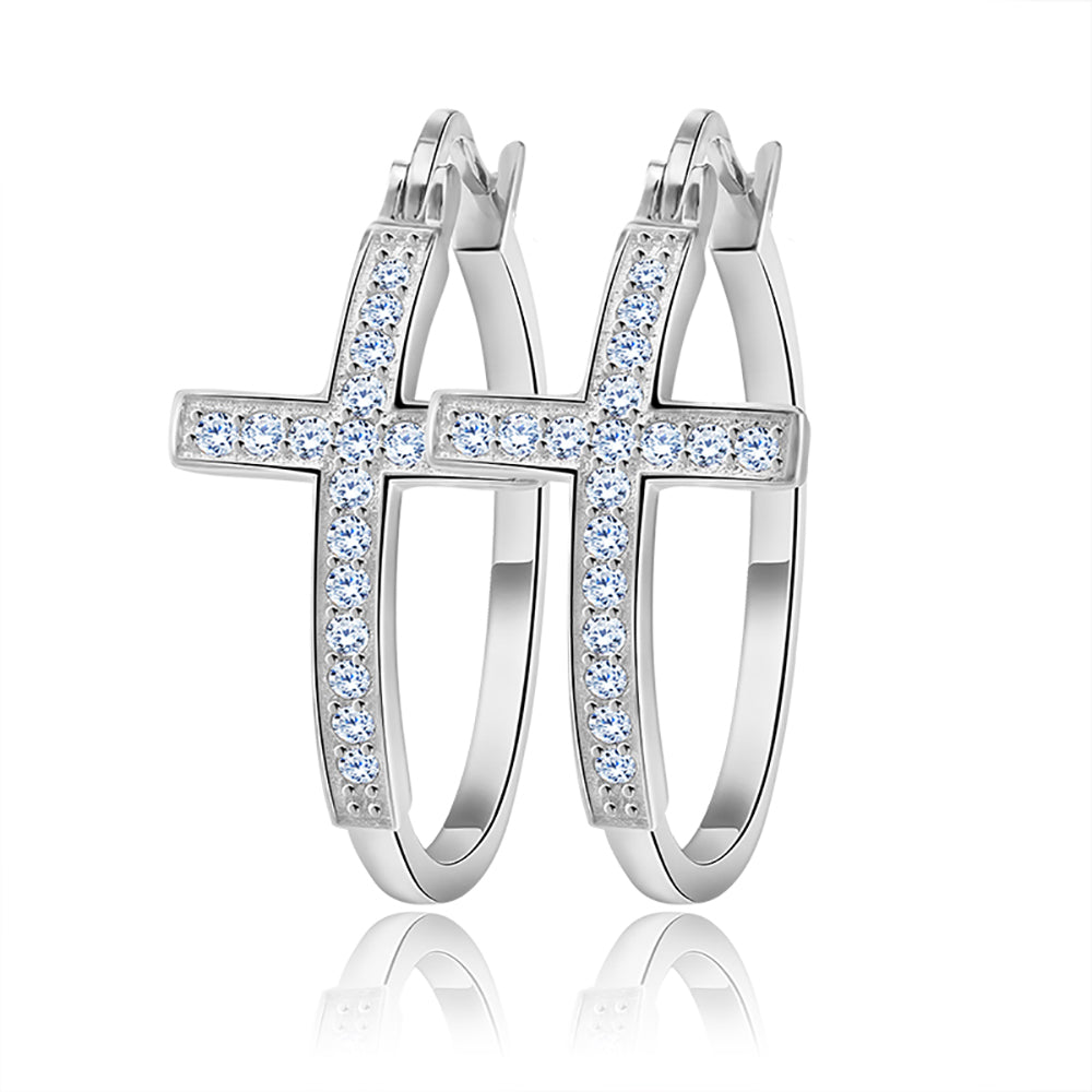 Cross Hoop Earrings for Women Religious Jesus Cubic Zirconia Ginger Lyne Collection - Silver