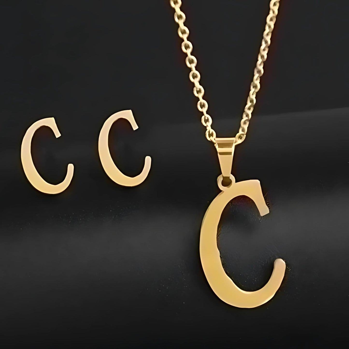 Initial Letter Pendant Necklace Earrings Set for Women Gold Plated Stainless Steel by Ginger Lyne - C