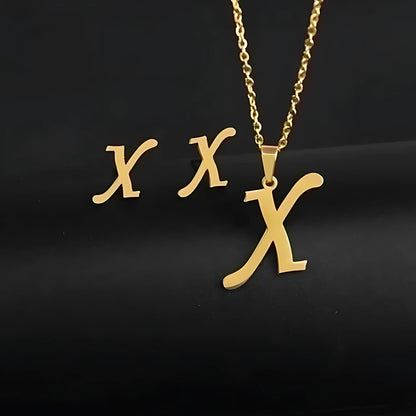 Initial Letter Pendant Necklace Earrings Set for Women Gold Plated Stainless Steel by Ginger Lyne - X