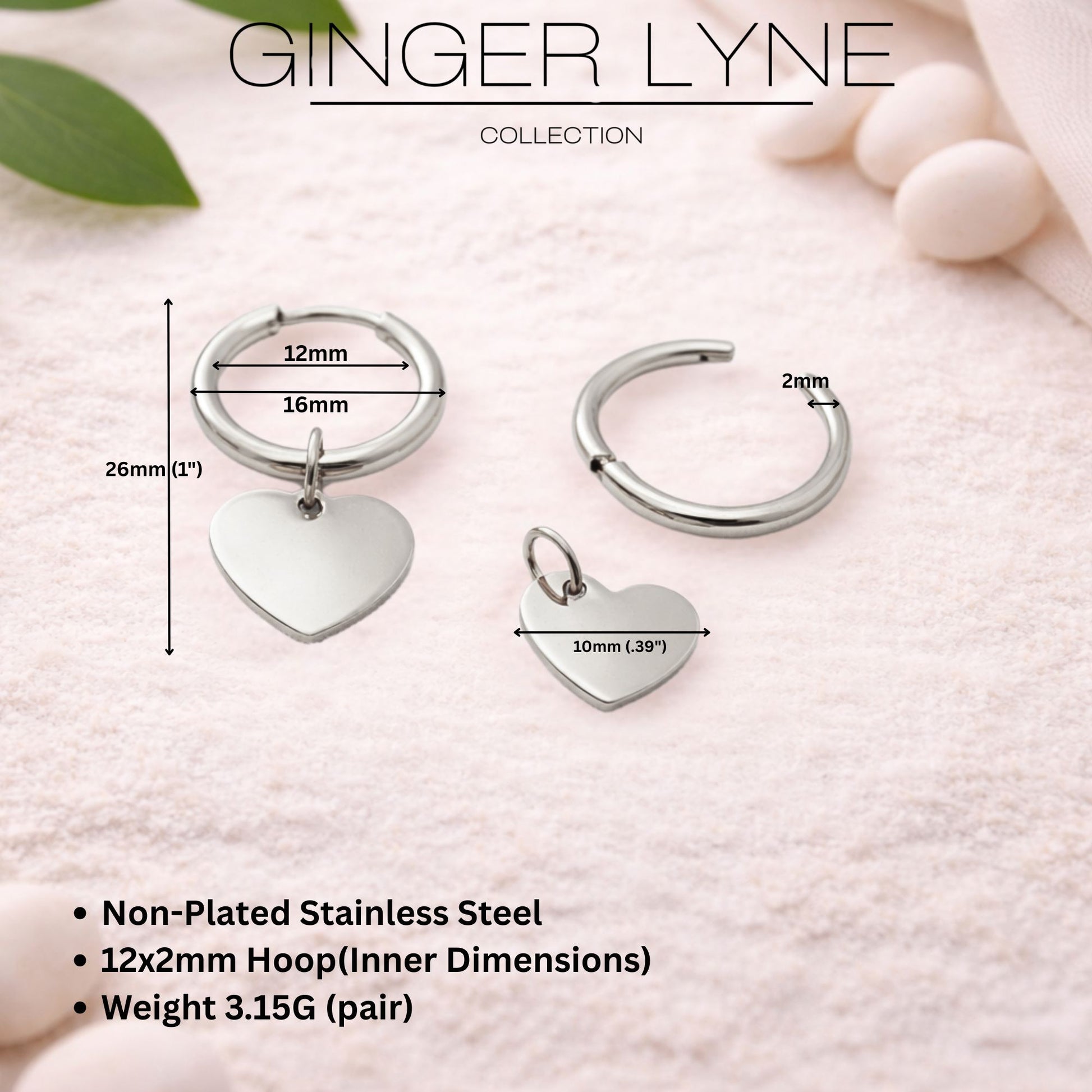 Thin Heart Charm Hoop Earrings by Ginger Lyne Stainless Steel for Lobe Cartilage Piercing Body Jewelry - Silver Tone