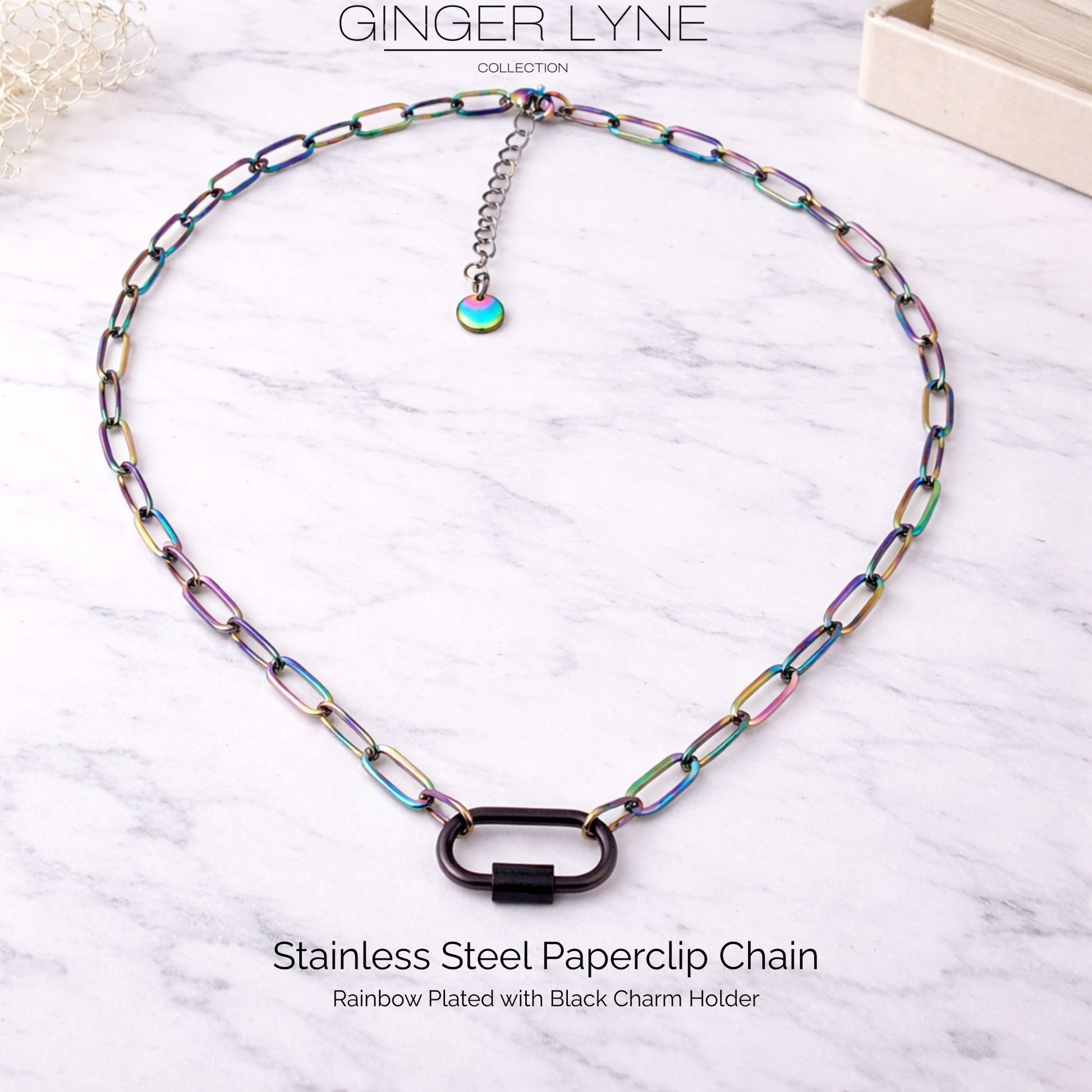 Carabiner Charm Holder Necklace for Women by Ginger Lyne Paperclip Chain Rainbow Stainless Steel 18-20" - Rainbow-PaperclipChain/BlkRect Sq CH