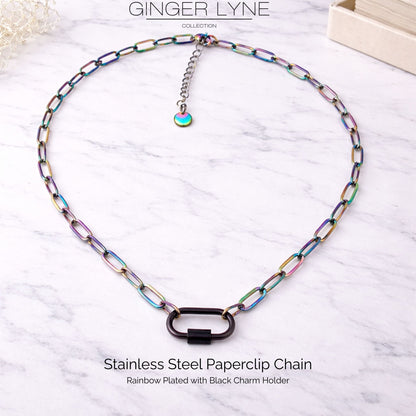 Carabiner Charm Holder Necklace for Women by Ginger Lyne Paperclip Chain Rainbow Stainless Steel 18-20" - Rainbow-PaperclipChain/BlkRect Sq CH
