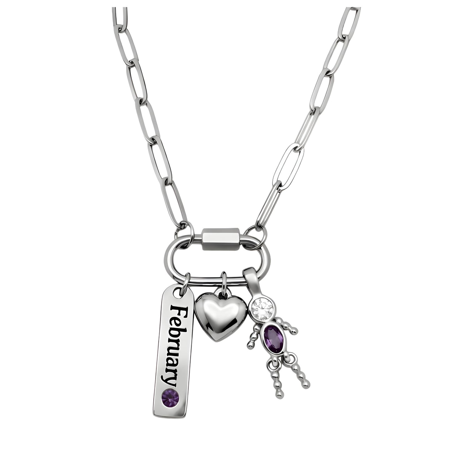 CarabinerFamilyBirthstoneNecklaceforMomorGrandmabyGingerLyneStainlessSteelCZBirthdayCharms_Male-February-Silver-1