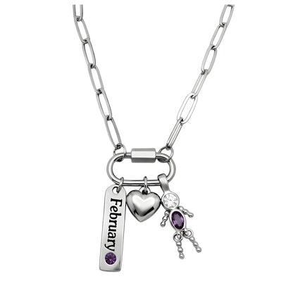 CarabinerFamilyBirthstoneNecklaceforMomorGrandmabyGingerLyneStainlessSteelCZBirthdayCharms_Male-February-Silver-1