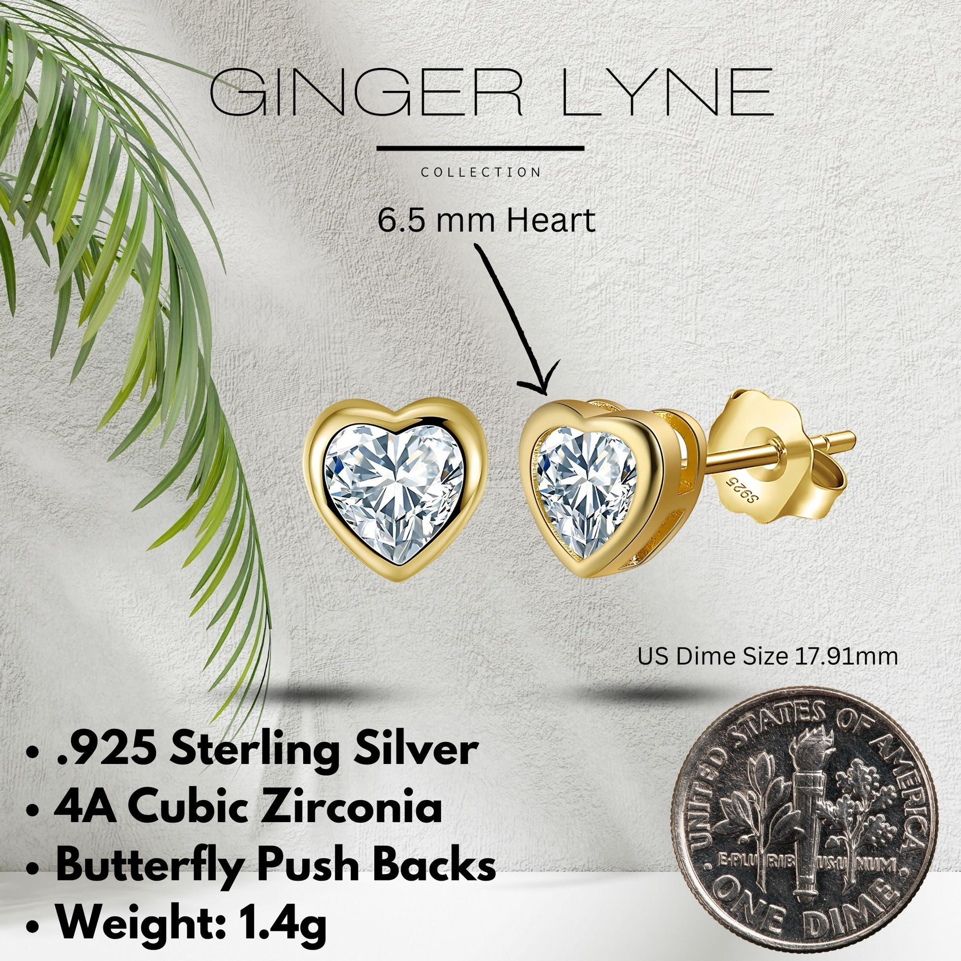 Heart Earrings for Women by Ginger Lyne Gold Plated Sterling Silver Stud Solitaire Cubic Zirconia - Gold